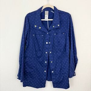 Chico's Womens Long Sleeve Shirt Jacket Size L Polka Dot Casual Travel Blue
